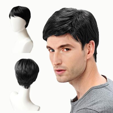 Herren Schwarz Kurzhaarperücke Wave Layered mit Pony Halloween Party Cosplay