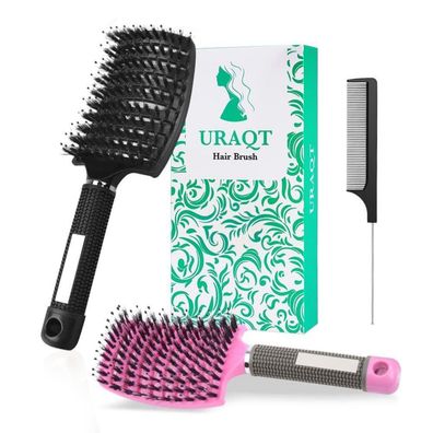 Profi Entwirrungsbürste Wildschweinborsten für Locken Haare M-schwarz+rosa