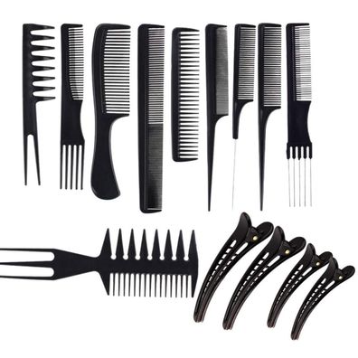 Profi Hair Styling 10x Kämme Set + 4x Haarklammern Schwarz