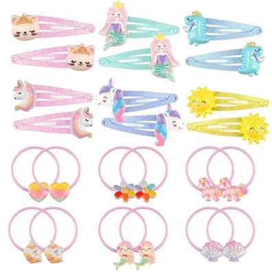 24 Stück Mädchen Haarspangen Haargummis Set Glitzer Regenbogen Blumen Kids