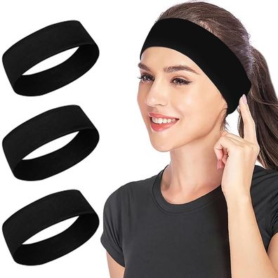 3er Pack Schwarz Breite Haarbänder Damen, Anti-Rutsch Stirnband für Laufen Yoga