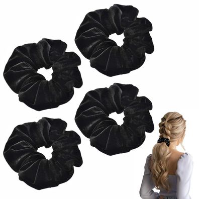 4x Schwarze Samt Haargummis - Elastische Scrunchies für dicken Haar