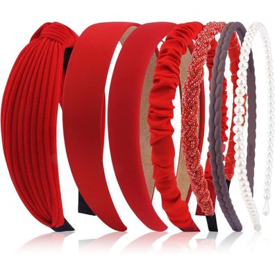 7 Stück Damen Haarreifen Set verschiedene Modelle Perlen Stirnbänder Rot