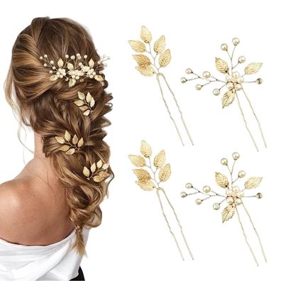 Braut Haarnadeln Goldene Blätter Kristall Perlen Vintage 4 Stück