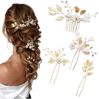 Braut Haarnadeln Goldene Blätter Kristall Perlen Vintage Hochzeit Schmuck