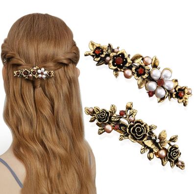 Automatische Haarspangen Damen Groß Metall Blume Kristall Perle Flower Hair Clip