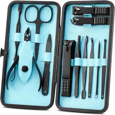 Maniküre Pediküre Set 12-teilig Edelstahl NagelpflegesetLuxus Ledertasche Blau
