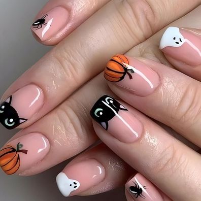 24 Stück Halloween Acryl Nägel Press on Nails Rosa Nude Geister Kürbis Falsche