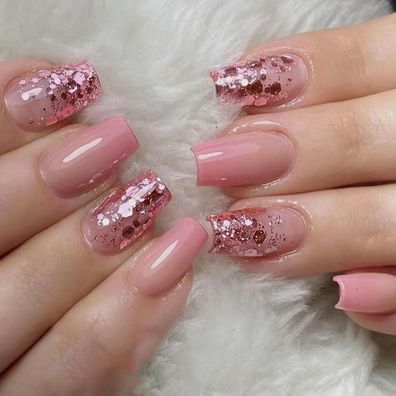 24 Stk Eckige French Rosa Glänzende Kunstnägel Press on Nails