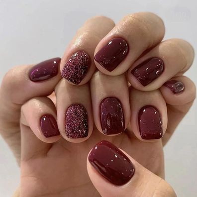 24 Stück Nägel zum Aufkleben French Press on Nails Weinrot Glänzend Fingernägel