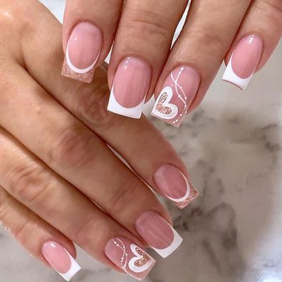 24 Stück Rosa Herz Falsche Nägel Press on Nails Glitzer French Kunstnägel