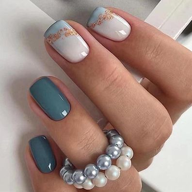 24 Stück Kunstnägel Press on Nails Blau Weiß mit Nagelkleber - DIY Party Nägel