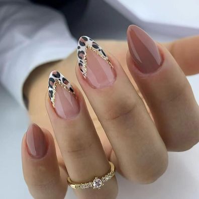 24 Stück Mandel Ballerina Acryl Nägel Full Cover Nail Leopard Braun