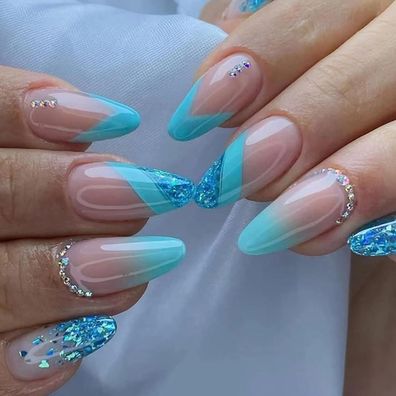 Ceboic 24 Stück Mandel Nägel Blau Glitzer French Stiletto Strass Falsche Nägel