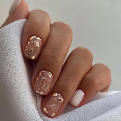 24 Stück Press on Nägel French Weiß Blumen Eckig für Frauen