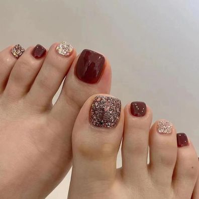 24 Stück Glitzer Zehennägel Weinrot Acryl Full Cover Fußnägel Frauen Mädchen DIY