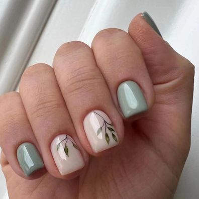 24 Stück Olive Eckig Nägel Aufkleben Kurz Leaves Muster Grün French Press Nails