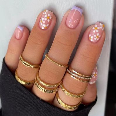 24 Stück Weiß Lila Blumen Press on Nägel Kurz Glossy Fake Nails Mittel-Nagelset