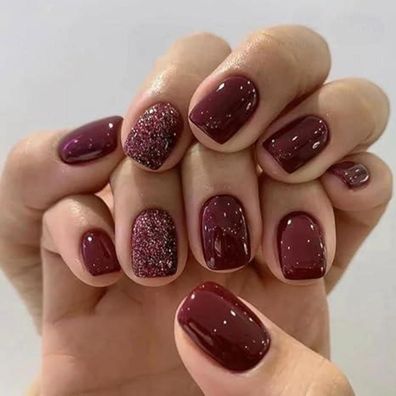 24 Stück Burgundy Glitter Einfarbig Nägel Aufkleben Kurz Mittel French Nails