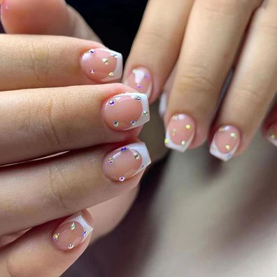 24 Stück Milchweiß Kunstnägel Strass Pattern Press on Nails Fingernägel Frauen