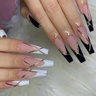 24 Swirl Press on Nails Schwarz Weiß French Künstliche Nägel Ballerina Kunst