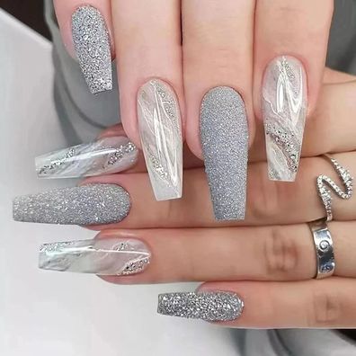 24 Stück Lange Coffin Nägel Aufkleben Grey Glitter French Ballerina Kunstnägel