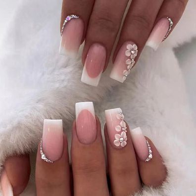 24 Stück Geblümt Eckig Mittel Künstliche Nägel Weiß Fingernägel Press on Nails