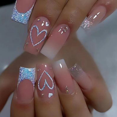 Justotry 24 Stück Weiß Glitter Nägel Aufkleben Lang Pink Sarg Herz Muster Glossy
