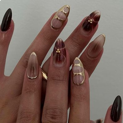 Braune Mandel Press on Nägel Glänzend French Tips Akrylnägel 24 Stück