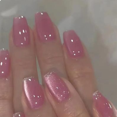 24 Pink Cat Eye Press on Nails Glitzer Design Mittelgröße Vollabdeckung