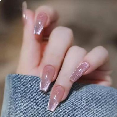 Nudefarbene Press on Nails Set 24 Stück Gradient Glitzer Lang Coffin Gel. Falsche