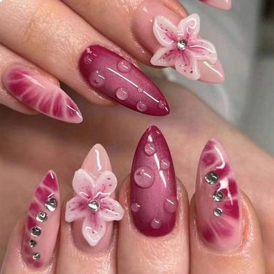 24x GlamRays Mandel Press on Nägel Mittel Rosa Rot 3D Blume Wassertropf Stiletto
