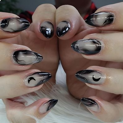 24 Stück Mittel Press on Nails Almond False Nails Schwarz Gradient French Nude