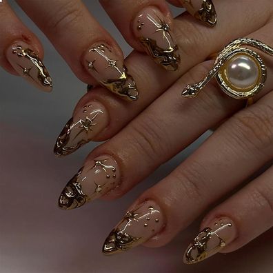 24 Stück Mandel Gold 3D Mittel Französische Falsche Nägel Press On Natur Akryl