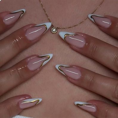 24x Weiße Glänzende Mittel Mandel Drucknägel Gold Line French Tip