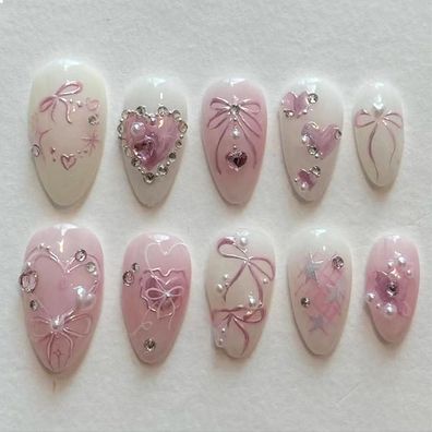 24 Pinke Press on Nails Französische Spitze Mandel Mittel 3D Herz Perl Weißer