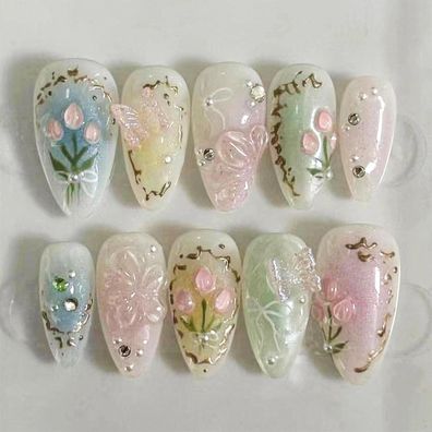 24er Pack Colorful Acrylnägel Medium Almond Design Butterfly Gradient Fake Nails