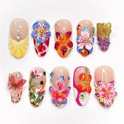 24er Set 3D Tropische Blumen Press on Nägel Medium Almond