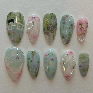 24x Medium Blau Grün Almond Fake Nägel Schleife Cat Flower Design