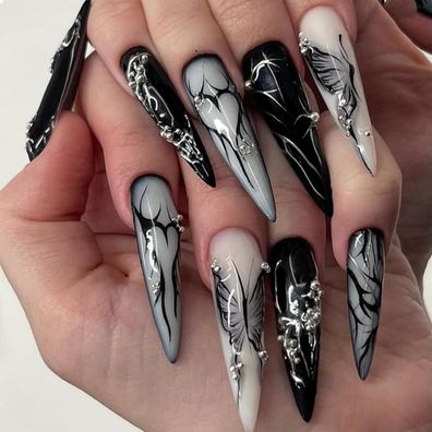24 Stück Lange Stiletto Falsche Nägel Goth Schwarz Glänzend Mandal Gothic