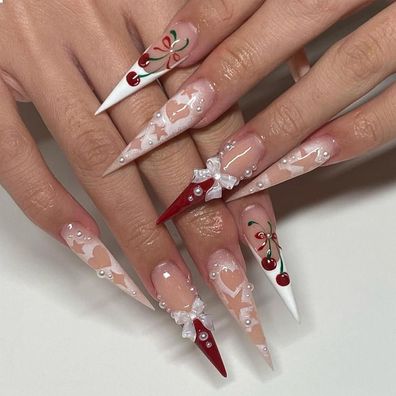 24 Stk. Stiletto Press-On Nägel Acryl 3D Kirschen Design Pink False Nails