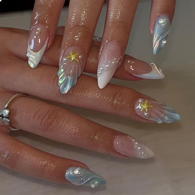 24 Stück Blau Weiß 3D Muscheln Stern Designs Ombré Nagel Press on Nails
