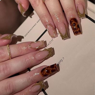 24 Stück Leopard French Tip Press on Nägel Vollständige Abdeckung