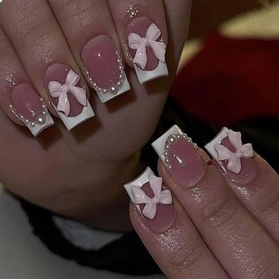 Kurze Press on Nägel Quadratisch Weiße French Tip Rosa Acrylglanz 24 Stk