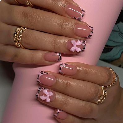 24 Stk Leopard French Tip Press On Nails Kurze Quadratische Falsche Nägel Pink