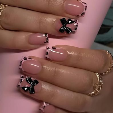 24 Stück Leopard Print French Tip Press on Nägel Glanz Nude Square Falsche Nägel