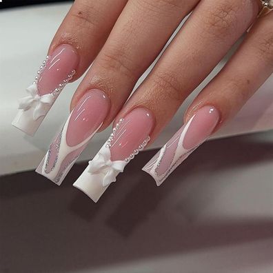24Pcs French Tip Press on Nails False Nails White Pearl Designs Sarg Acrylnägel