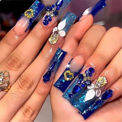 Königlich Blau Lange Falsche Nägel mit Rhinestones Designs 24 Stück