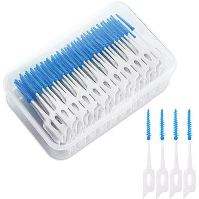 200 Stück Silikon Interdentalbürsten Zahnseide Stick Zahnreinigung Blau
