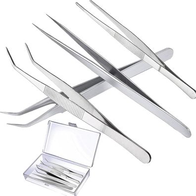 4er Set Gebogene Edelstahl Pinzetten 12cm & 14cm Profi-Qualität